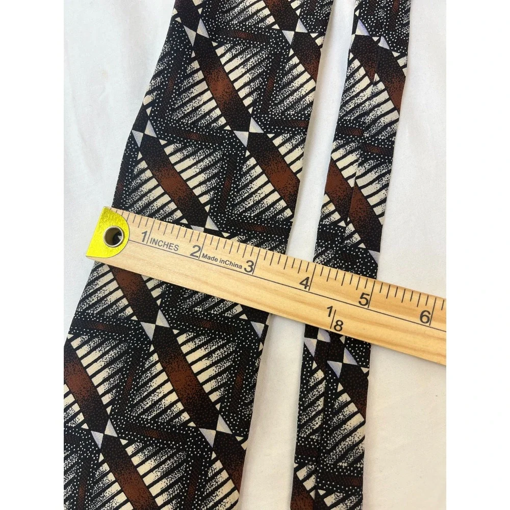 MBP Mens Silk Tie Geometric Abstract Pattern Brown‎ Black Ivory Vintage